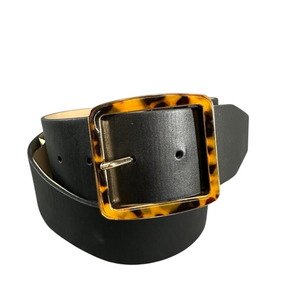 Ann Taylor Black Wide Belt Tortoiseshell Square Buckle Gold Tone M/L RN77379